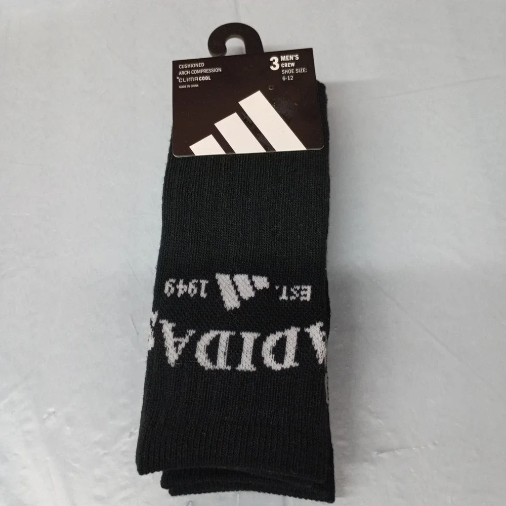 adidas Men's Black Cushioned 3-Pack Crew Socks Size 6-12 Arch Compression‎